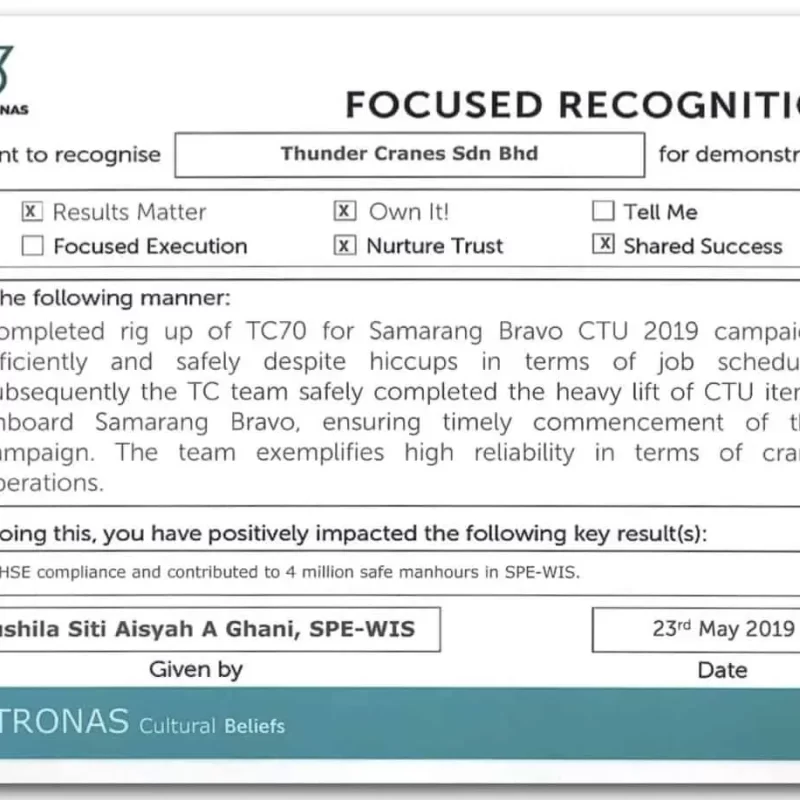 Petronas recognition certificate awarded to Thunder Cranes Sdn Bhd for safe crane operations in 2019