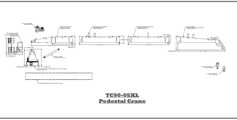 TC90-05XL pedestal crane technical blueprint showing detailed engineering specifications and dimensional drawings