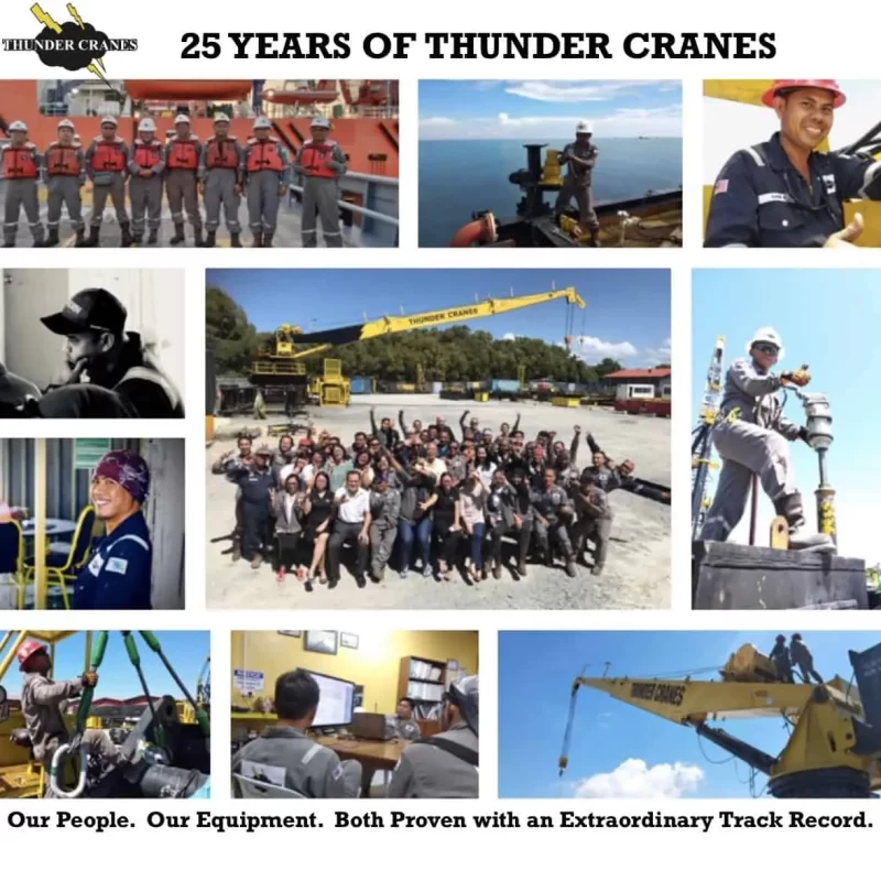 Company milestone collage featuring Thunder Crane 25th anniversary with workers, equipment, and team photos