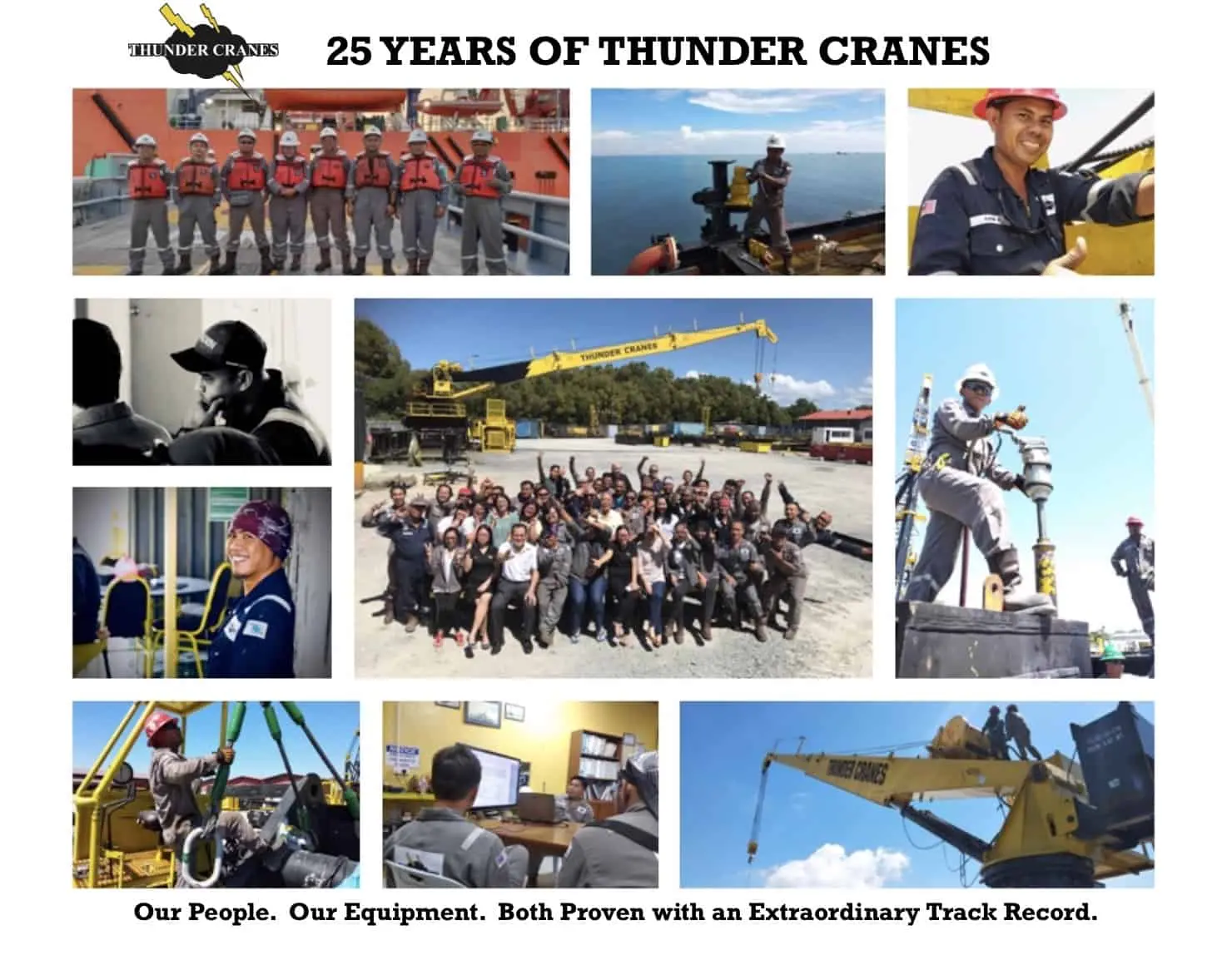 Company milestone collage featuring Thunder Crane 25th anniversary with workers, equipment, and team photos