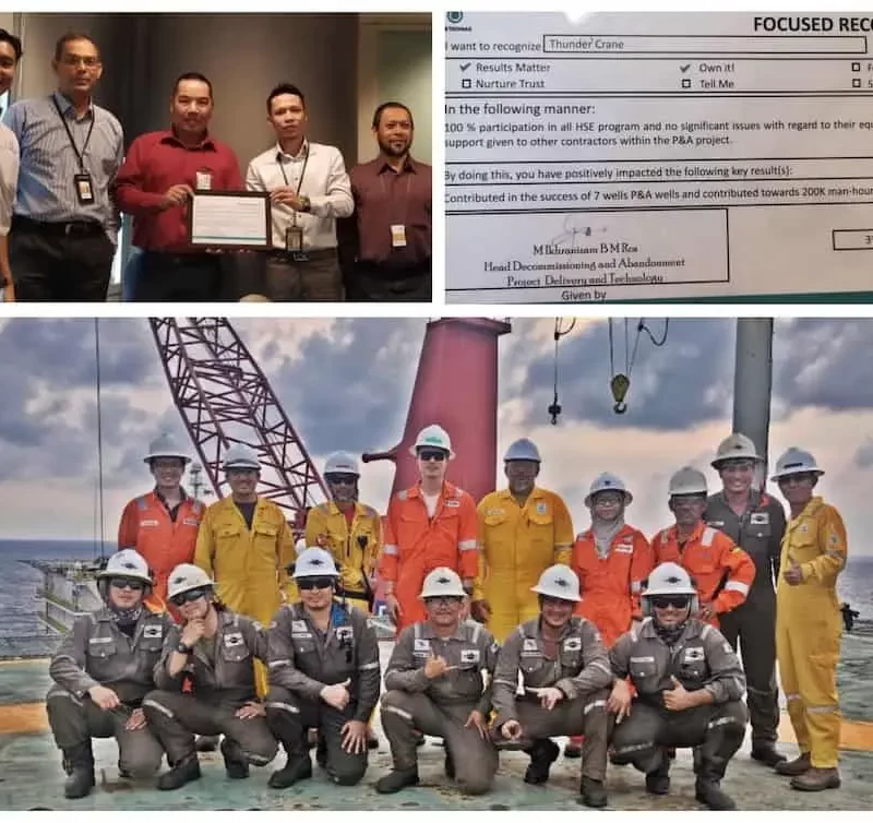 Offshore P&A project success featuring Thunder Crane recognition and safety-equipped drilling platform crew
