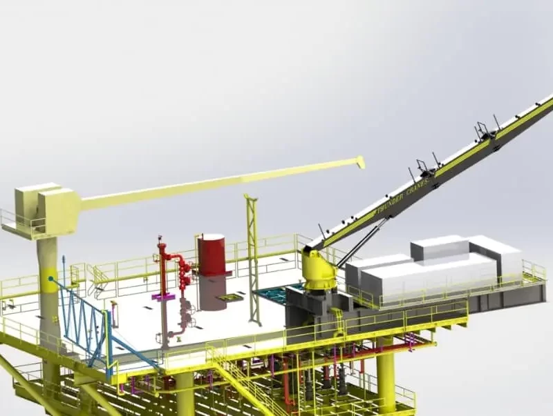 Thunder Crane offshore platform extension deck with yellow lifting equipment and safety railings