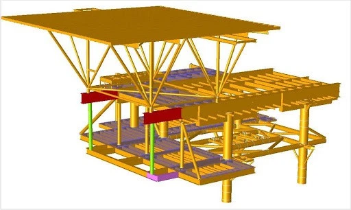 Thunder Crane helideck skidding system with yellow structural framework and multi-level platform design