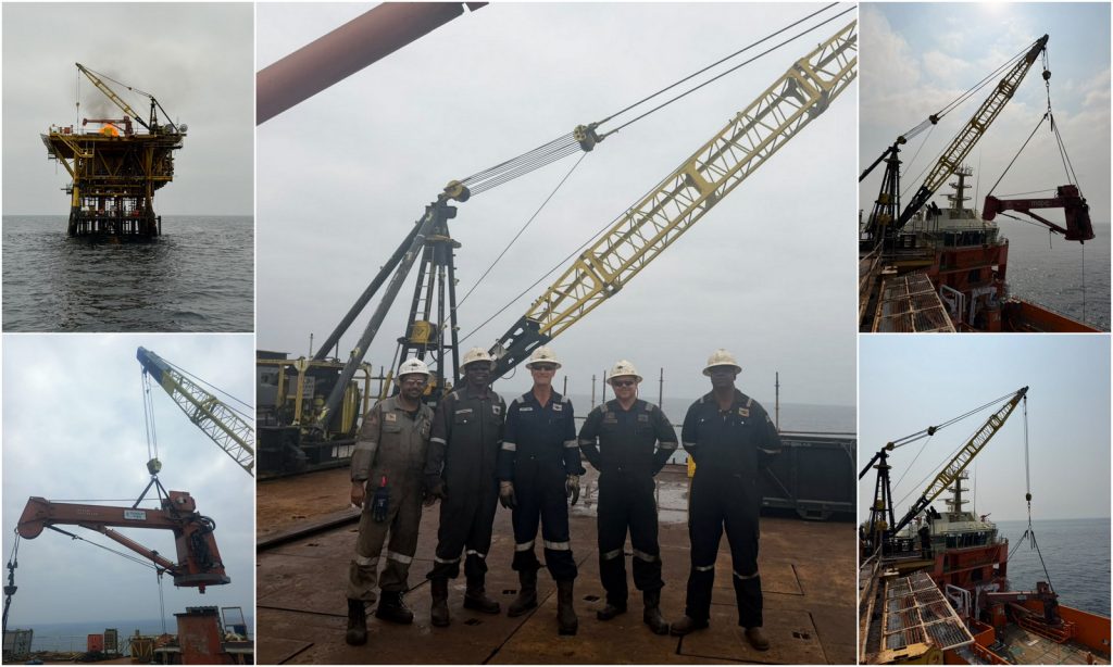 Pictured above, the Thunder Cranes Angola rig up team and the lifting operations for phase 1 of the project - the platform crane removal.